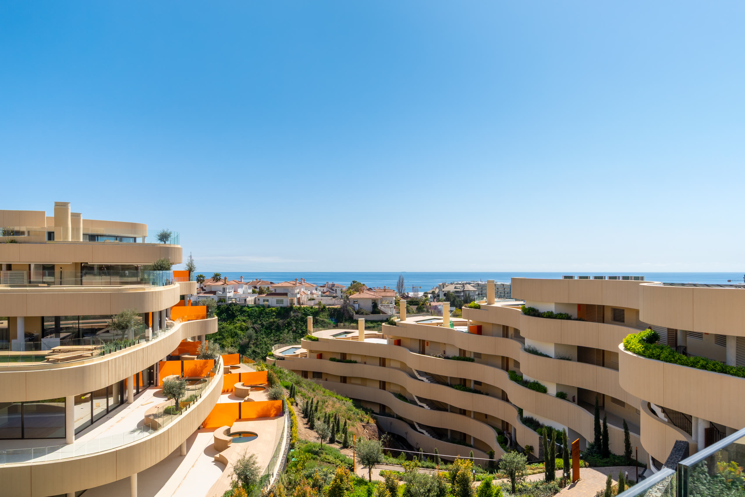 Private terrace with a jacuzzi and panoramic Mediterranean sea views at South Residences